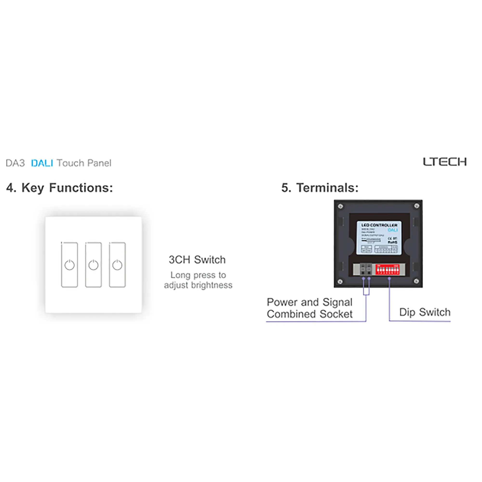 DALI Touch Panel, 3 Chanel control, Scene, Group, Unicast, Broadcast mode. Output signal: DALI, IP20. EDA3  LTECH Touch Panel